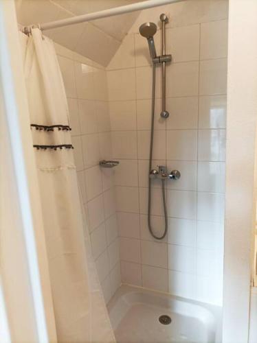 une salle de bain avec une douche avec un rideau de douche dans l'établissement Studio cosy Piscine Rocherfort en Terre Centre, à Rochefort-en-Terre