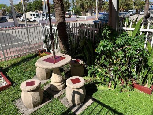 a garden with a table and stools in the grass at M HOTEL in Miami Beach