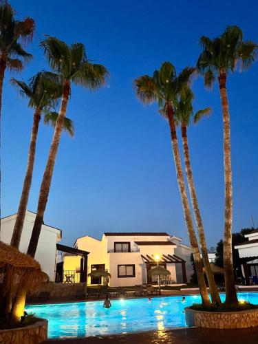 a group of palm trees next to a swimming pool at Nuramar Resort & Villas in Cala en Bosc