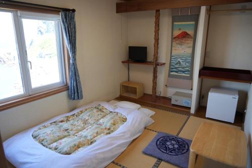 1 dormitorio con 1 cama en una habitación con ventana en Shimano Yado Kamuirishiri - Vacation STAY 89683v, en Oshidomari