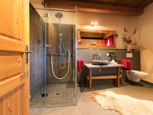 uma casa de banho com um chuveiro, um lavatório e um WC. em Sports chalet No 19 em Ilsenburg