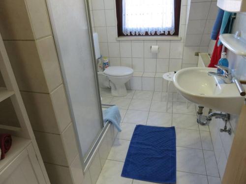 een badkamer met een douche, een toilet en een wastafel bij Holiday apartment dream view in Kleinern