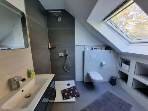 a bathroom with a sink and a toilet and a window at Holiday home Zur Lenzer Höh 5 in Lenz
