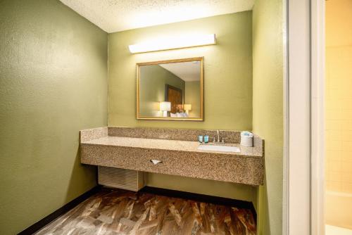 a bathroom with a sink and a mirror at The Buena Park Hotel & Suites in Buena Park
