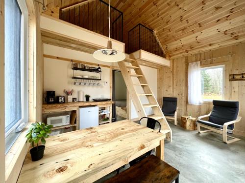 uma pequena casa com uma escada num quarto em Vallée Jeunesse Québec em Saint-Gabriel-De-Valcartier