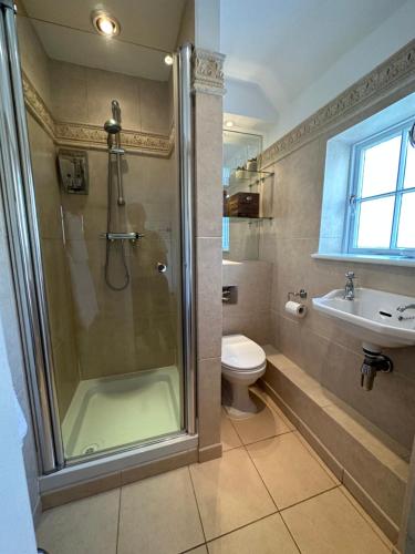a bathroom with a shower and a toilet and a sink at Well house in Stone