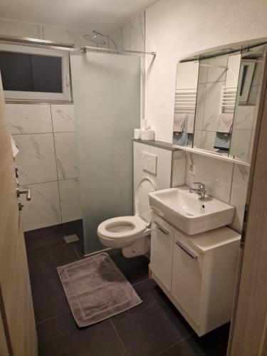 a bathroom with a white toilet and a sink at Ferienwohnung Sumi in Sachsenheim