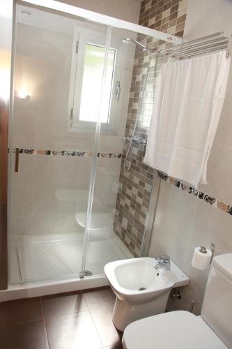 a bathroom with a shower and a toilet and a sink at Hostal Doña Manuela in Málaga