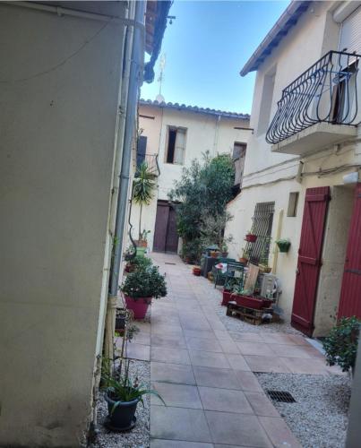 une allée entre deux bâtiments avec des plantes en pot dans l'établissement Appartement Rue Frédéric Mistral, à Sète