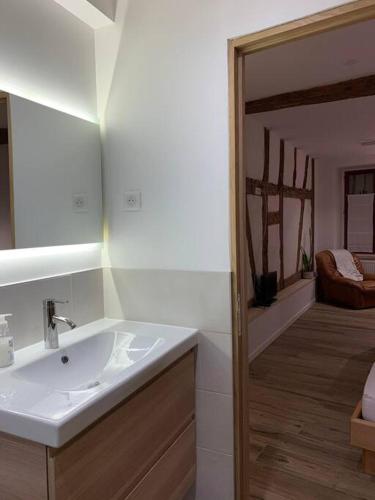 une salle de bain avec un lavabo blanc et un miroir dans l'établissement Studio les Hirondelles - 2 personnes à Ribeauvillé, à Ribeauvillé