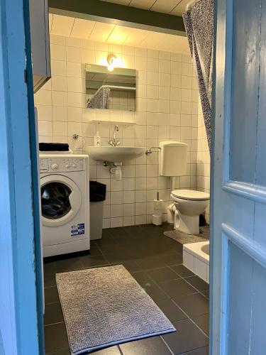 a bathroom with a washing machine and a toilet at Appartement centrum Delft in Delft