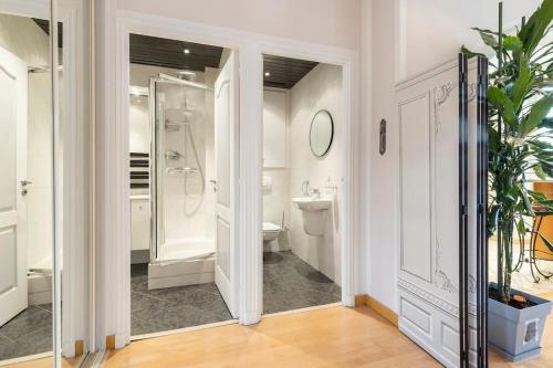 une salle de bain blanche avec douche et toilettes dans l'établissement From 1882, romantic flat, in the Golden Square, à Nice