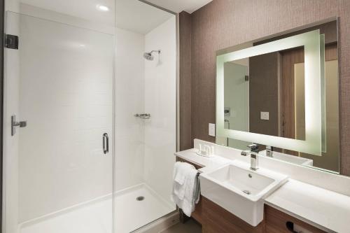 a bathroom with a sink and a shower at TownePlace Suites by Marriott New Orleans Downtown/Canal Street in New Orleans