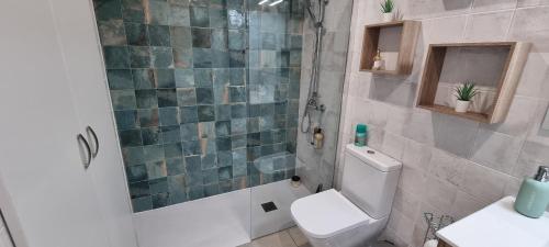 e bagno con servizi igienici, doccia e lavandino. di Oceanfront Villa - Tenerife South a San Miguel de Abona