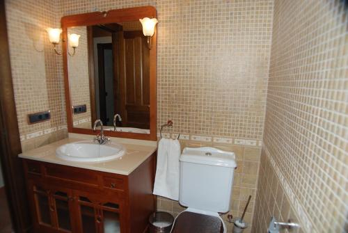 y baño con lavabo, aseo y espejo. en Casa Rural "Los Herrero" en Zarzuela del Monte