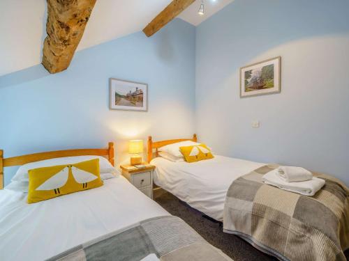 Duas camas num quarto com paredes azuis em 3 Bed in Spark Bridge 83701 em Spark Bridge