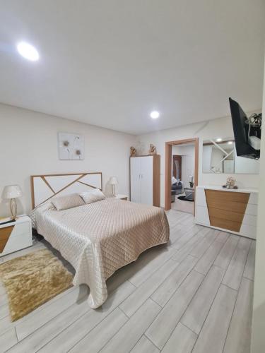 a white bedroom with a large bed and a television at Retiro da perreira com churrasqueira in Vila Nova de Paiva