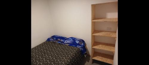 een slaapkamer met een bed en een boekenplank bij Cabanas fariña in Llanquihue
