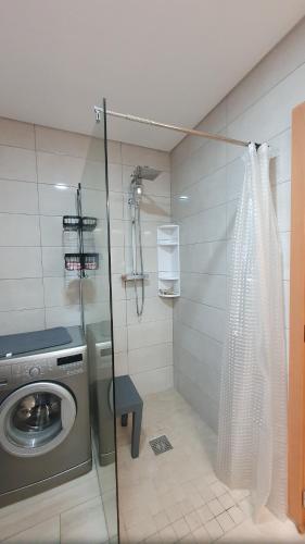 a washing machine in a bathroom with a shower at Retiro da perreira com churrasqueira in Vila Nova de Paiva