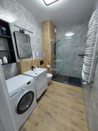 y baño con lavadora y ducha. en Krapkowice Odrzańskie Tarasy, en Krapkowice