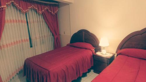 een slaapkamer met 2 bedden en een lamp op een tafel bij HOTEL IDEAL in Villazón