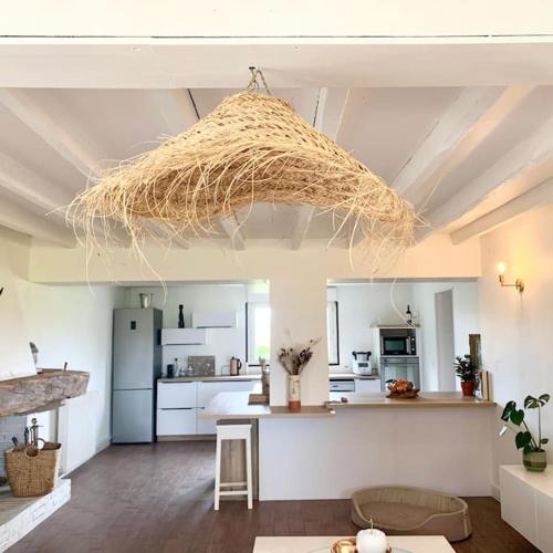 une cuisine avec un filet suspendu au plafond dans l'établissement La Ferme Pouchuc, à Bénesse-Maremne