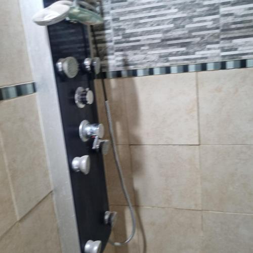 a shower with a black door with a shower head at La Familia in General Roca