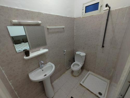 a bathroom with a sink and a toilet and a mirror at Miguil House in Djibouti