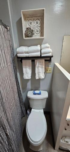 a bathroom with a white toilet and towels at The Canna House by High Society Rentals in Clovis