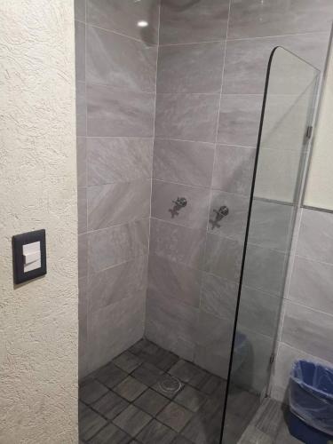 a shower stall with a glass door with a shower at Hotel JA CENTRO Guadalajara in Guadalajara