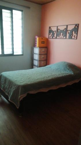 een slaapkamer met een bed met een groene deken en een raam bij VILLA DEL SOL PURIFICACIÓN TOLIMA in Purificación