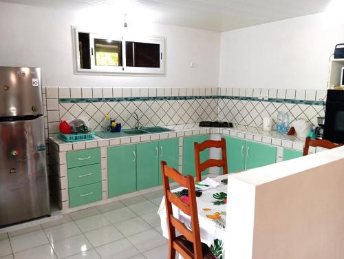 a kitchen with green cabinets and a stainless steel refrigerator at Villa léïna, écotourisme jardin visite, chambre privée in Le Robert