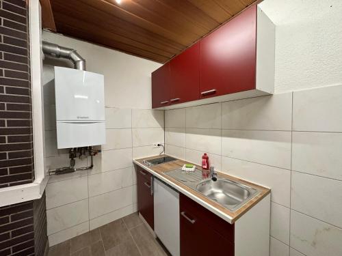 - une petite cuisine avec un évier et des placards rouges dans l'établissement Belle Vue Apartrooms, à Fürth