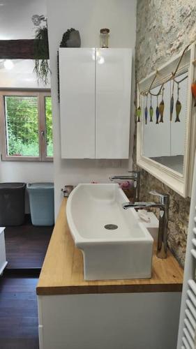 une salle de bain avec un lavabo blanc et un miroir dans l'établissement Maison familiale : charme & nature, à Senlis