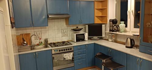 a kitchen with blue cabinets and a stove top oven at Apartament VvGogh 4 pokoje in Rzeszów