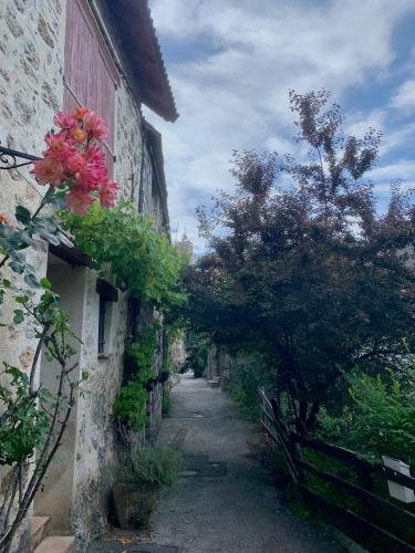 an alley with flowers on the side of a building at Chalet Le Tilleul in Valdeblore