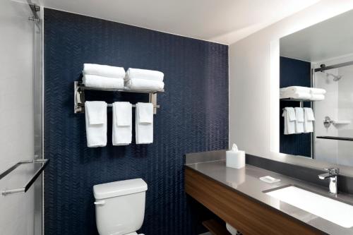 La salle de bains est pourvue de toilettes, d'un lavabo et d'un miroir. dans l'établissement Fairfield Inn & Suites by Marriott Denver Southwest/Lakewood, à Lakewood