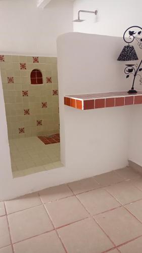 a bathroom with a shower with a tile floor at Habitación exclusiva,todos los servicios,Pati privado in Guanajuato
