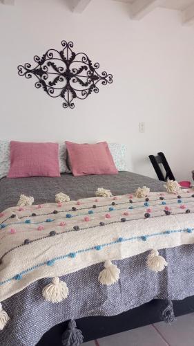 a bedroom with a bed with pink pillows at Habitación exclusiva,todos los servicios,Pati privado in Guanajuato