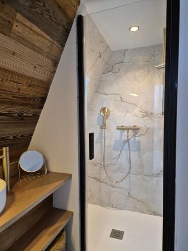 a walk in shower in a bathroom with a stone wall at A l'orée des bois in Les Angles