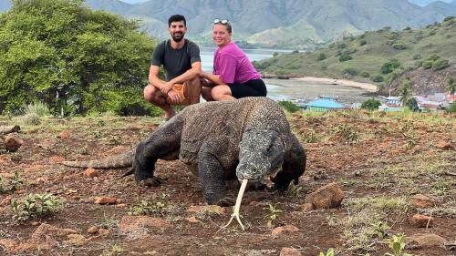 two men sitting on top of an elephant statue at Jhuna Komodo Homestay in Komodo