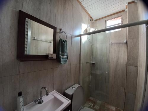 y baño con aseo, lavabo y ducha. en Mar.6: spacious 1 room, 2 AC, near Airport and Stella Maris beach en Salvador