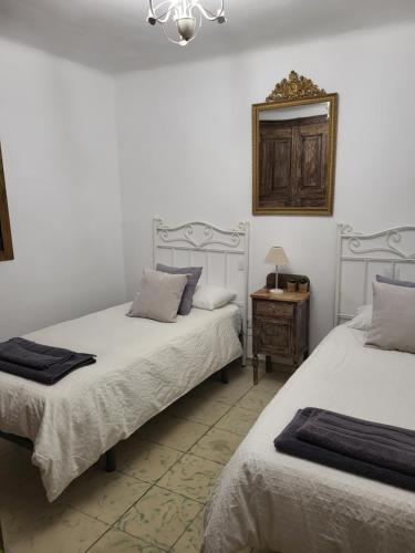 a bedroom with two beds and a mirror on the wall at La Estrella de Gredos in Guisando