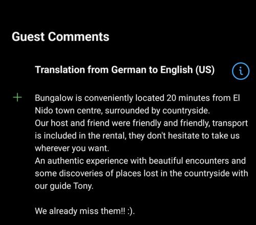 a screenshot of a webpage of a text box with the words translation from german at Tony's Country Glamping with chalet with private wash room accommodation in El Nido