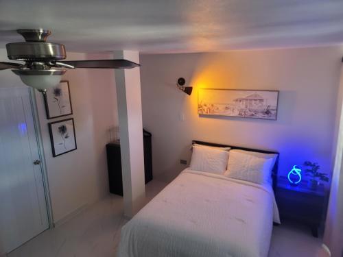 a bedroom with a bed with a light on the wall at Vadi's Lux, Wi-fi, coffe, tea, parking, laundry room. in Mayaguez
