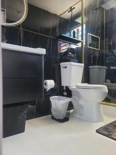 baño con aseo y pared negra en Vadi's Lux, Wi-fi, coffe, tea, parking, laundry room. en Mayagüez