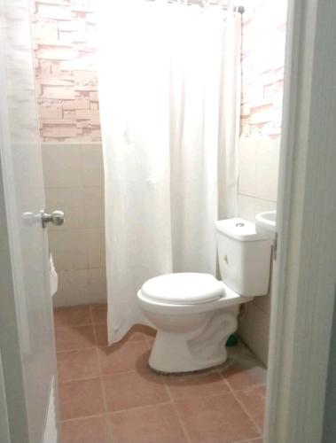 een badkamer met een toilet en een wit douchegordijn bij Elegant 2BR Hampton Suites with Pool & WIFI in Anabu Primero