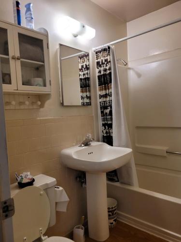 La salle de bains est pourvue d'un lavabo, de toilettes et d'une douche. dans l'établissement Outpost Motel on the River, à Dolores