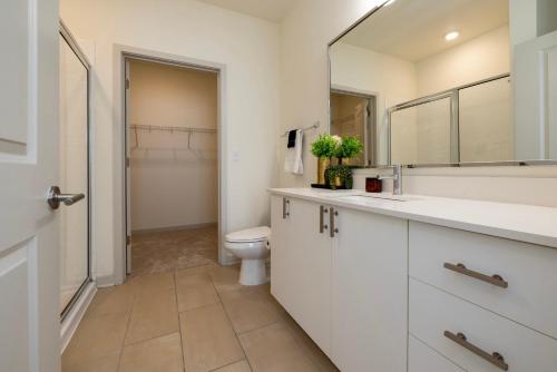 a bathroom with a toilet and a sink and a mirror at Modern Nulu 2BR CozySuites 05 in Louisville