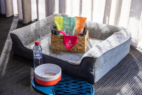 a basket on a couch with a bottle of water at Sage Hotel James Street in Brisbane